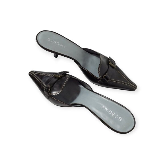 BCBGirls Brown Pointed Toe Kitten Heel Loafer Mules With Buckle Detail SZ 7.5 - Picture 5 of 14